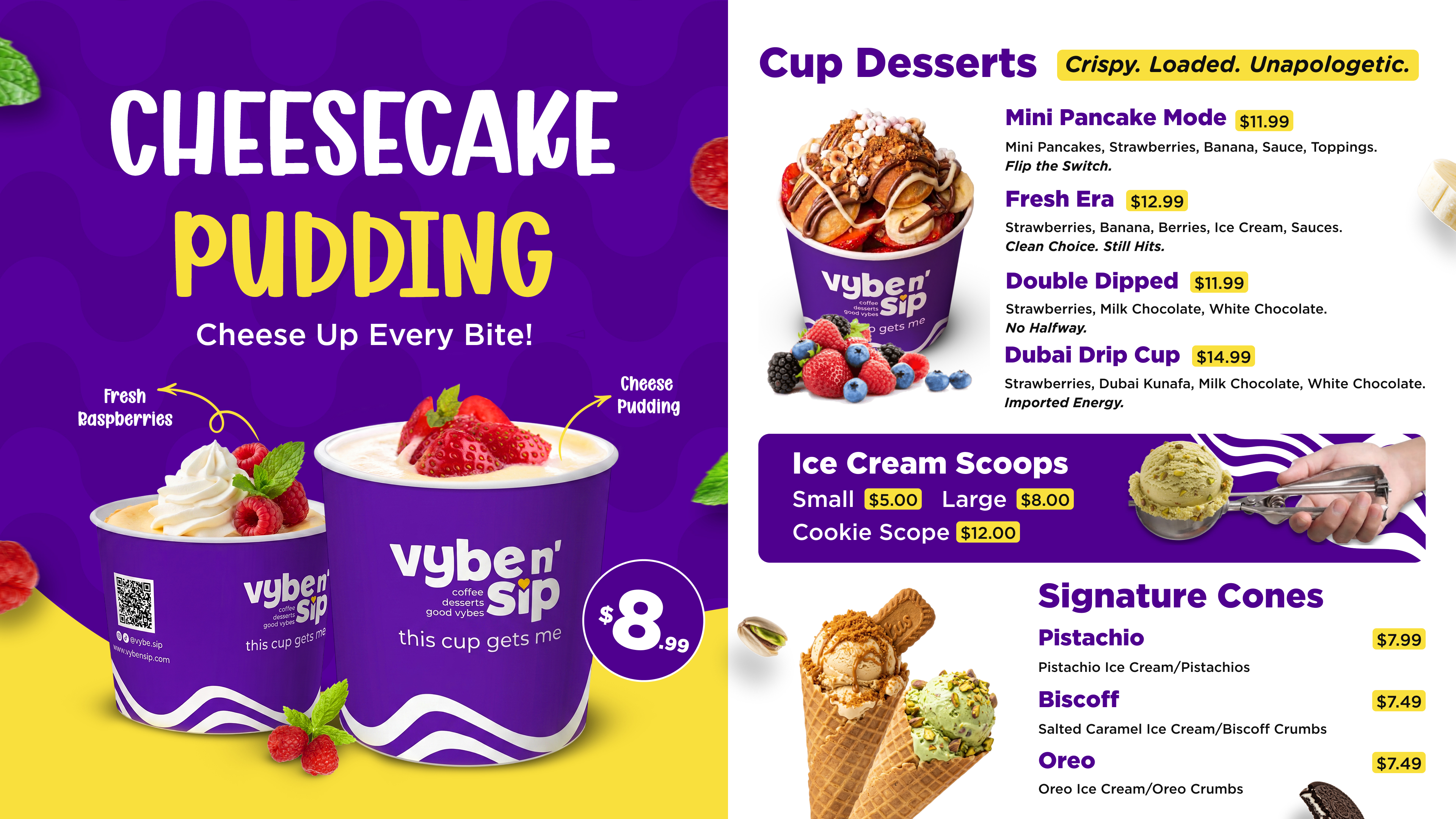 Cheesecake Pudding & Ice Cream Scoops Menu Screen